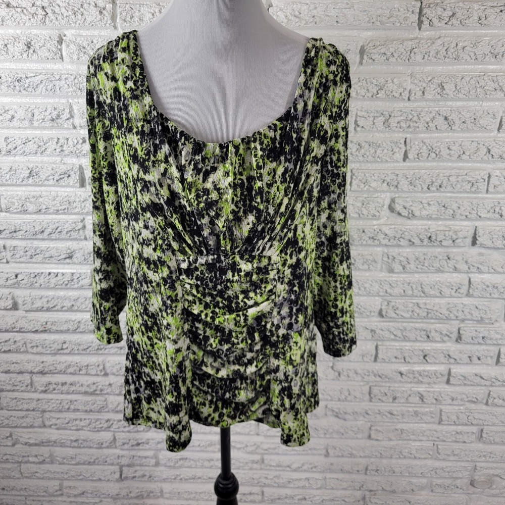 Alfani 2X Blouse Green Black Watercolor Pleated Ruched 3/4 Sleeve Top Plus Size